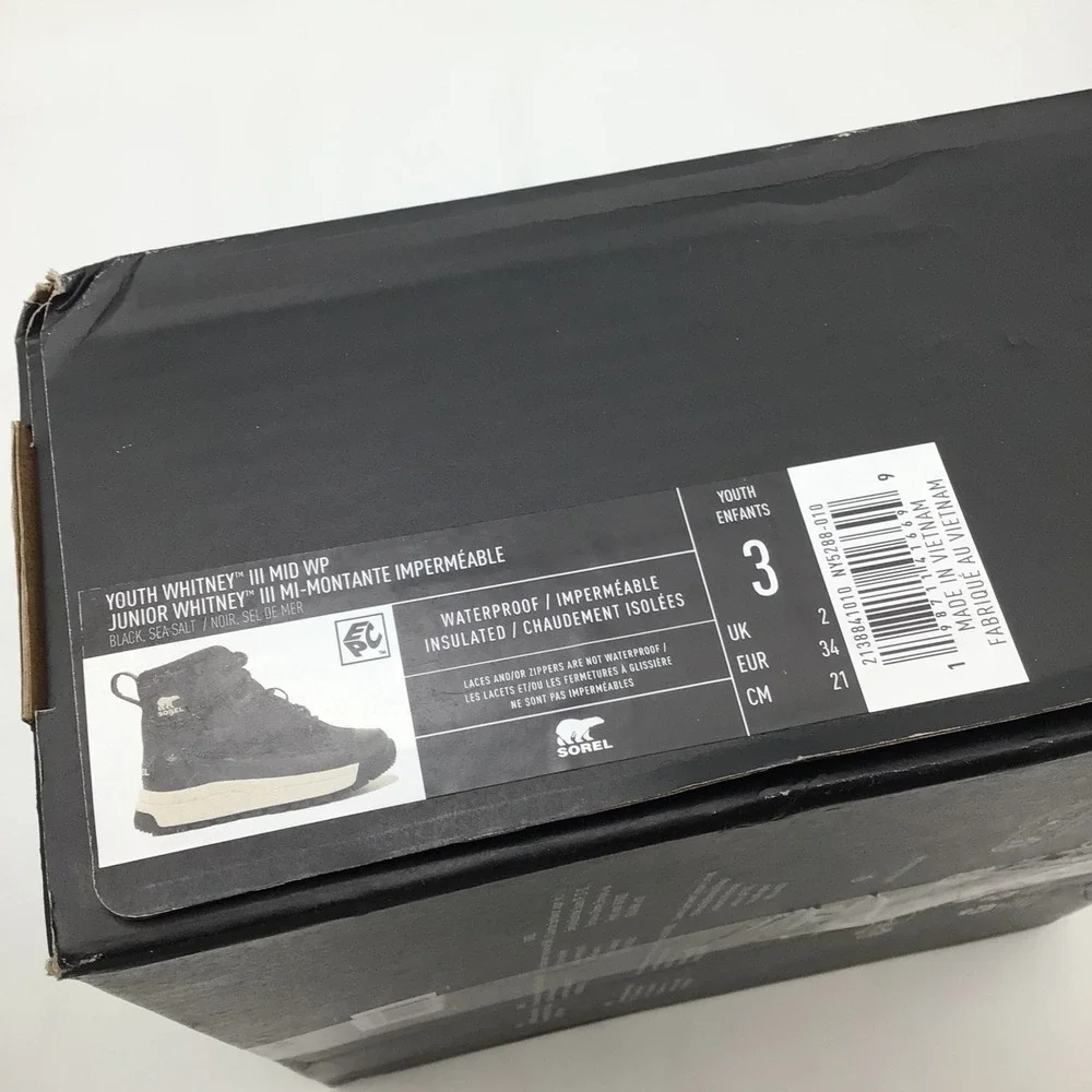 Sorel Youth Whitney III Size‎ 3 Black Waterproof Insulated Boots NY5288-010 NEW